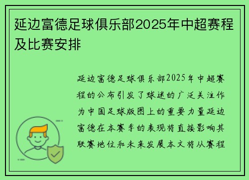 延边富德足球俱乐部2025年中超赛程及比赛安排